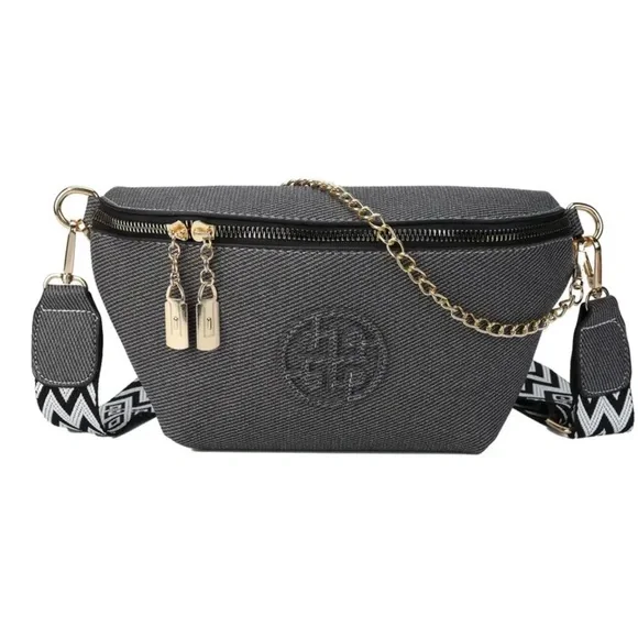 Gray Crossbody Bag with Gold Accents - Picture 1 of 8